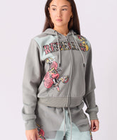 Women Rebellion Cropped Zip Up Hoodie - Grey