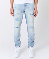 Ripped And Repaired Washed Denim Jeans - Light Blue