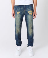 Indigo Washed Tint Rip And Repair Denim Pants - Dark Blue