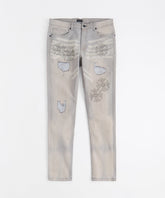 Rhinestone Cross Washed Denim Jeans - Grey