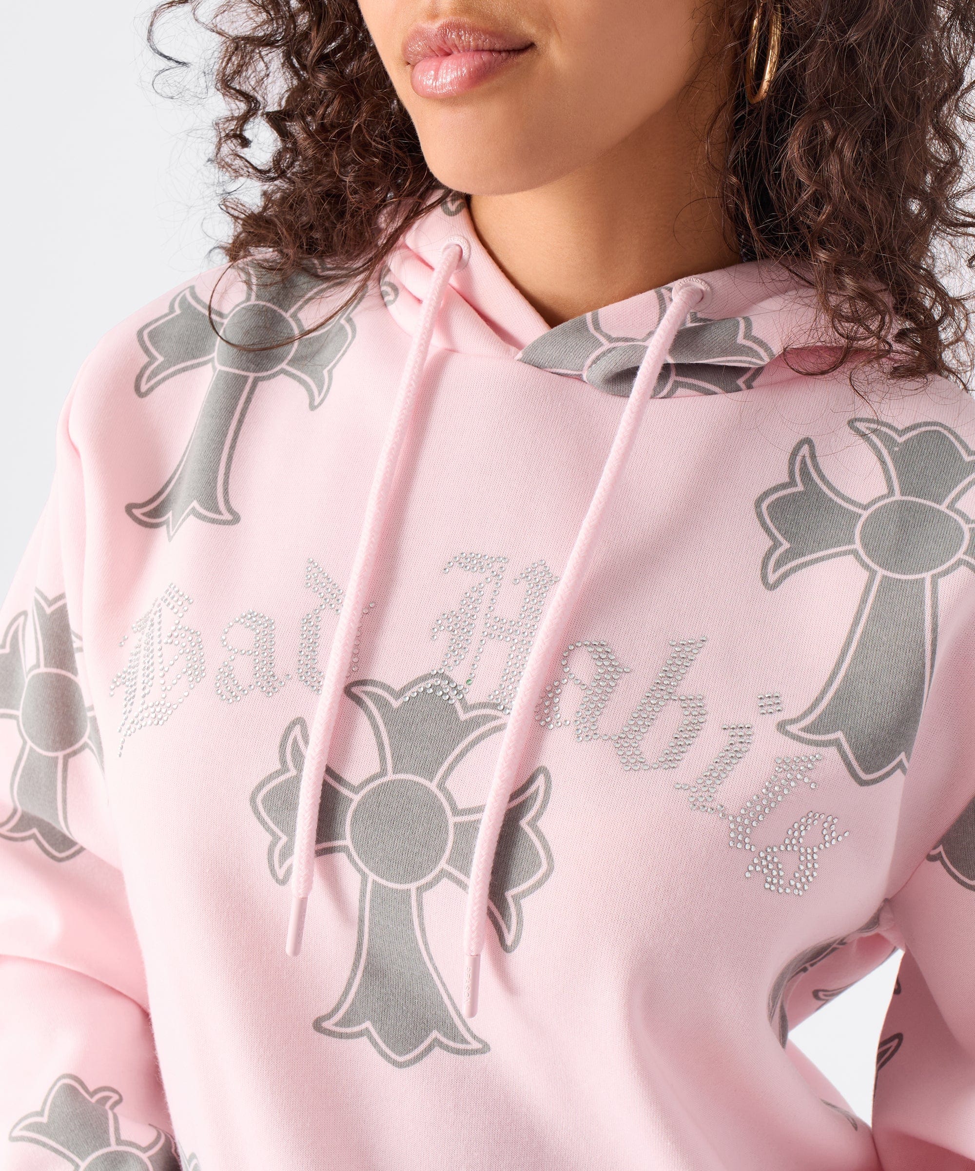 Women Bad Habits Rhinestones Cropped Hoodie - Pink