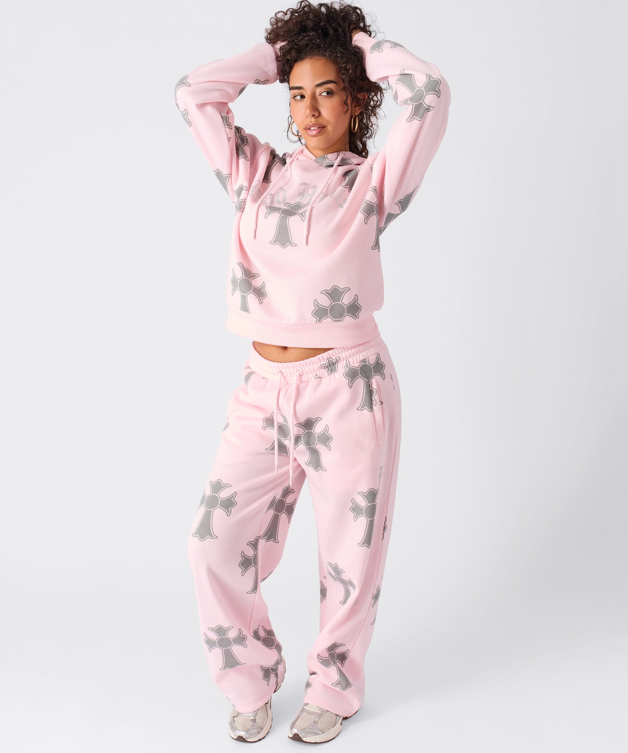 Women Bad Habits Rhinestones Cropped Hoodie - Pink