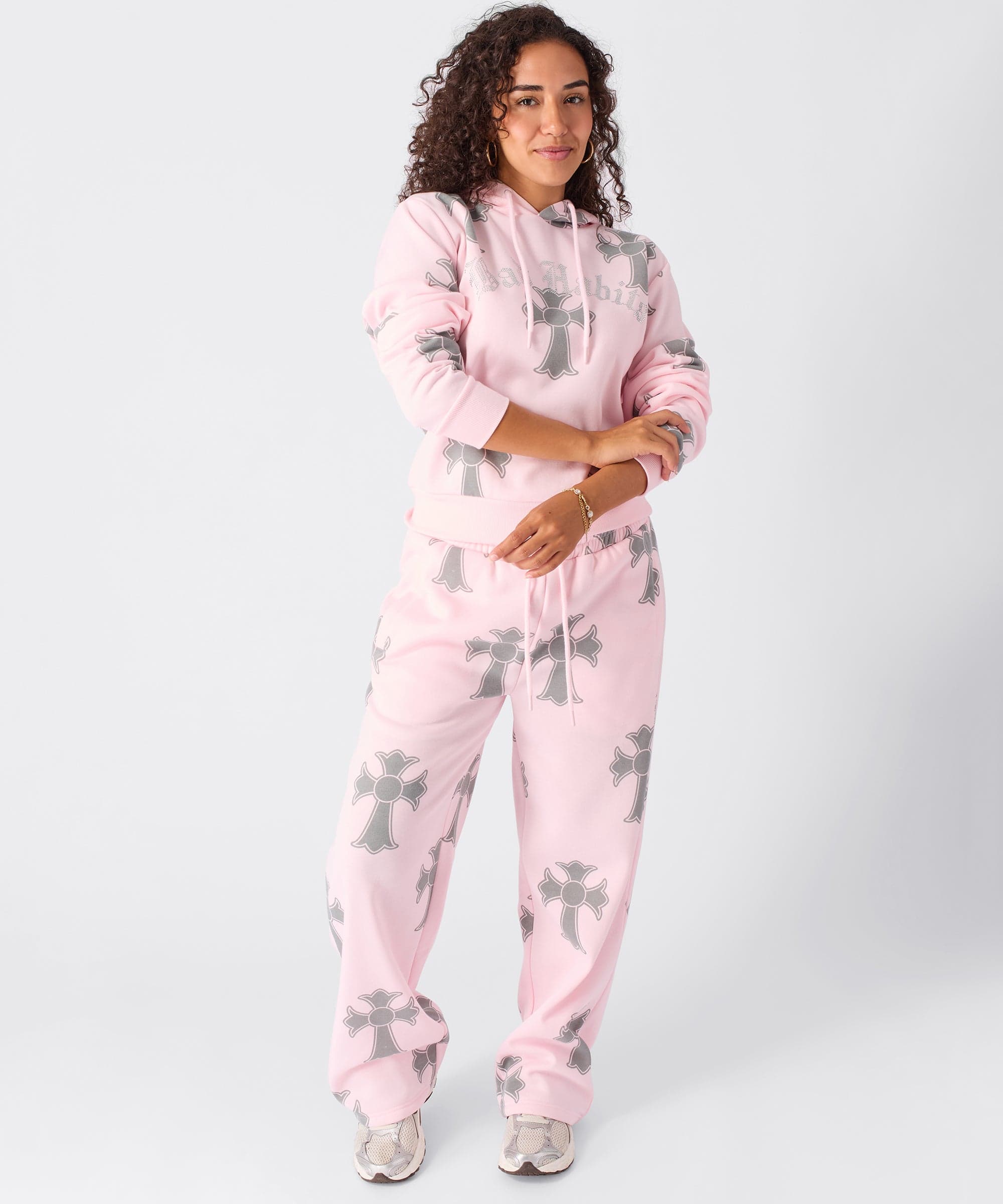 Women Bad Habits Rhinestones Cropped Hoodie - Pink