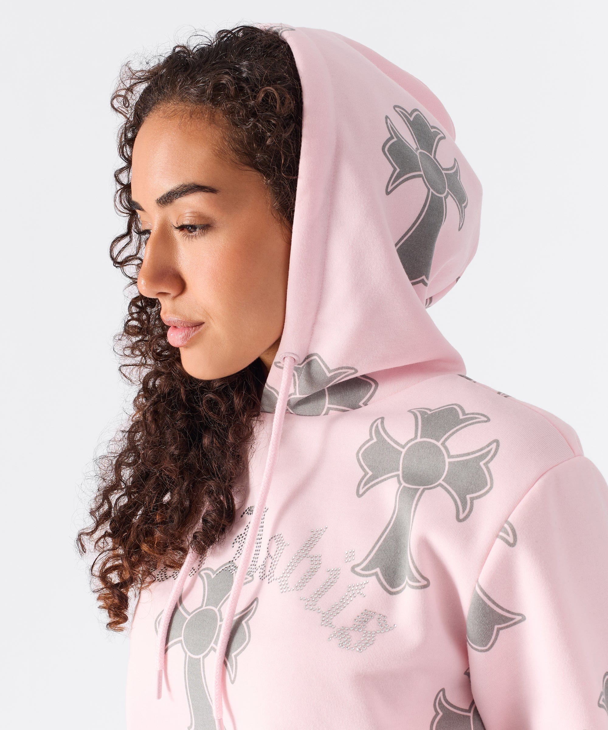 Women Bad Habits Rhinestones Cropped Hoodie - Pink