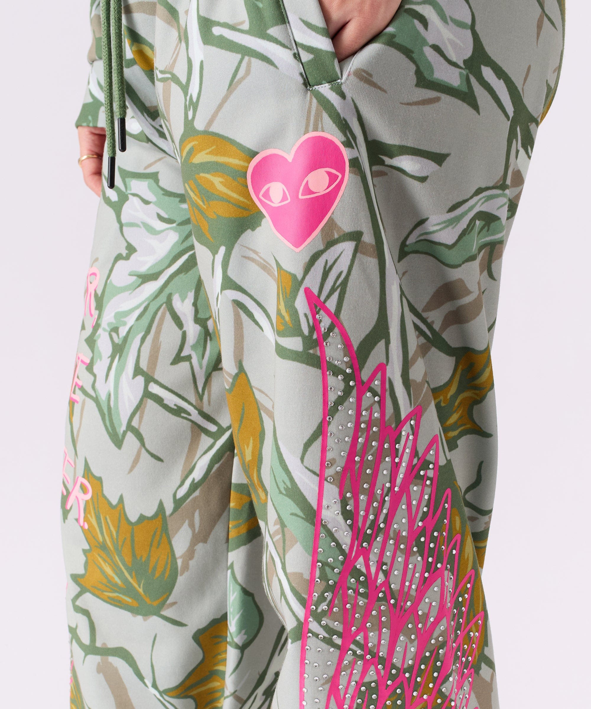 Women Fly High Rhinestone Fleece Pants - Olive Green