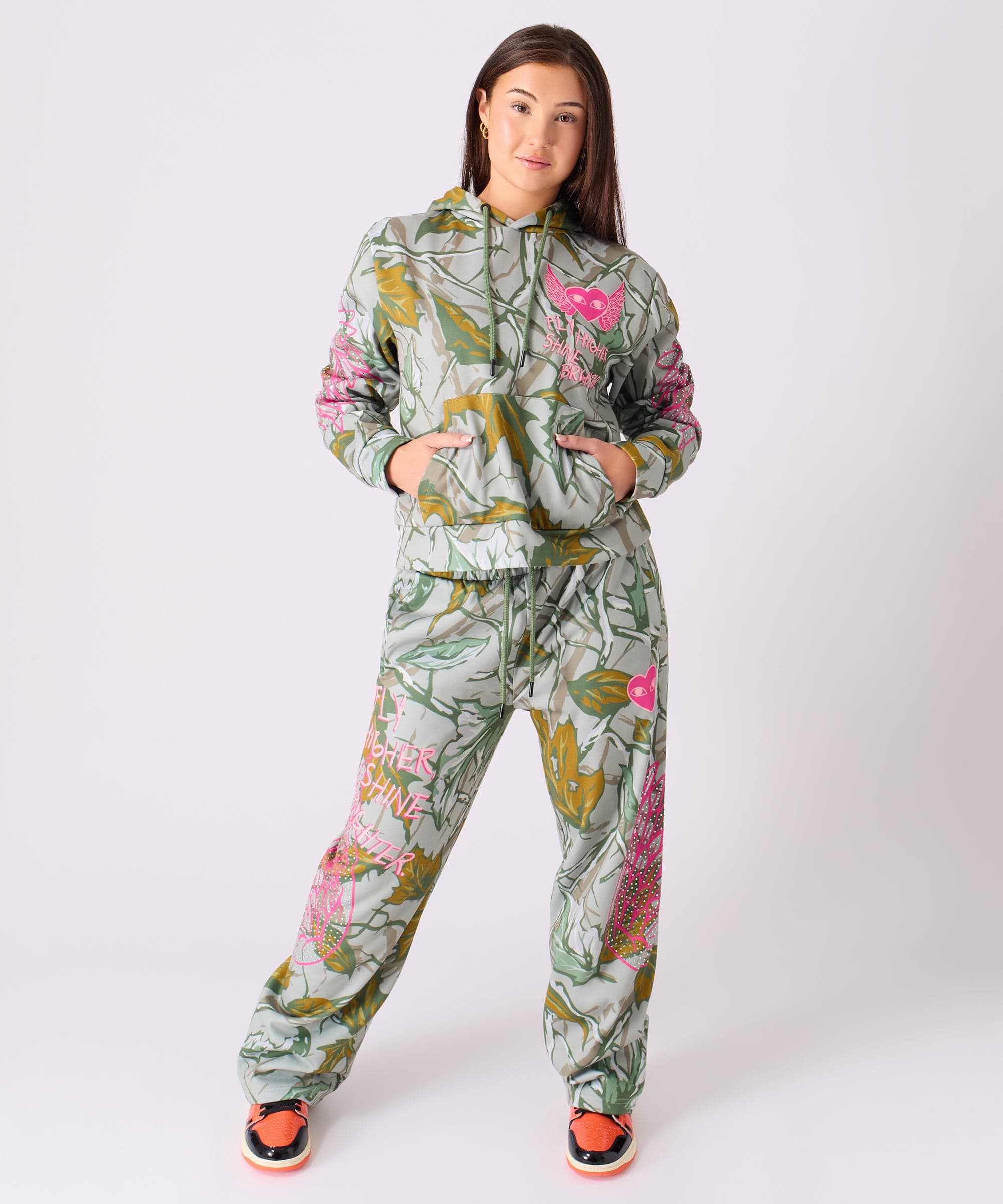 Women Fly High Rhinestone Fleece Pants - Olive Green