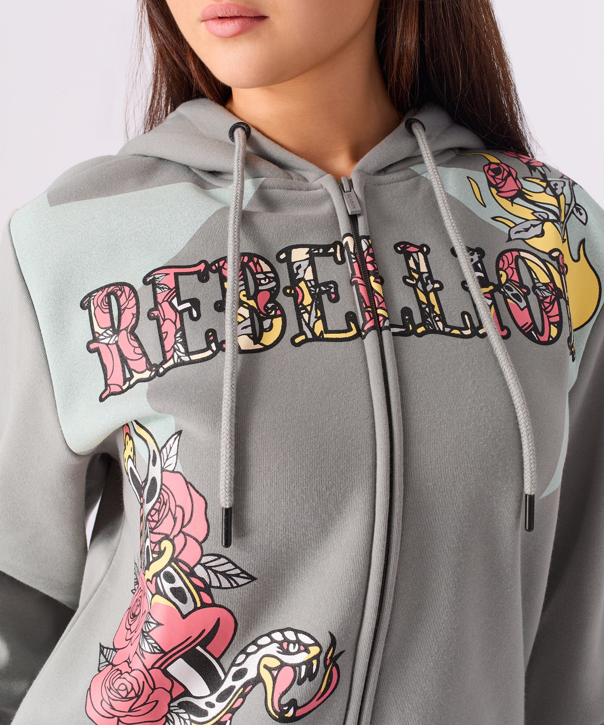 Plus Size Women Rebellion Cropped Zip Up Hoodie - Grey
