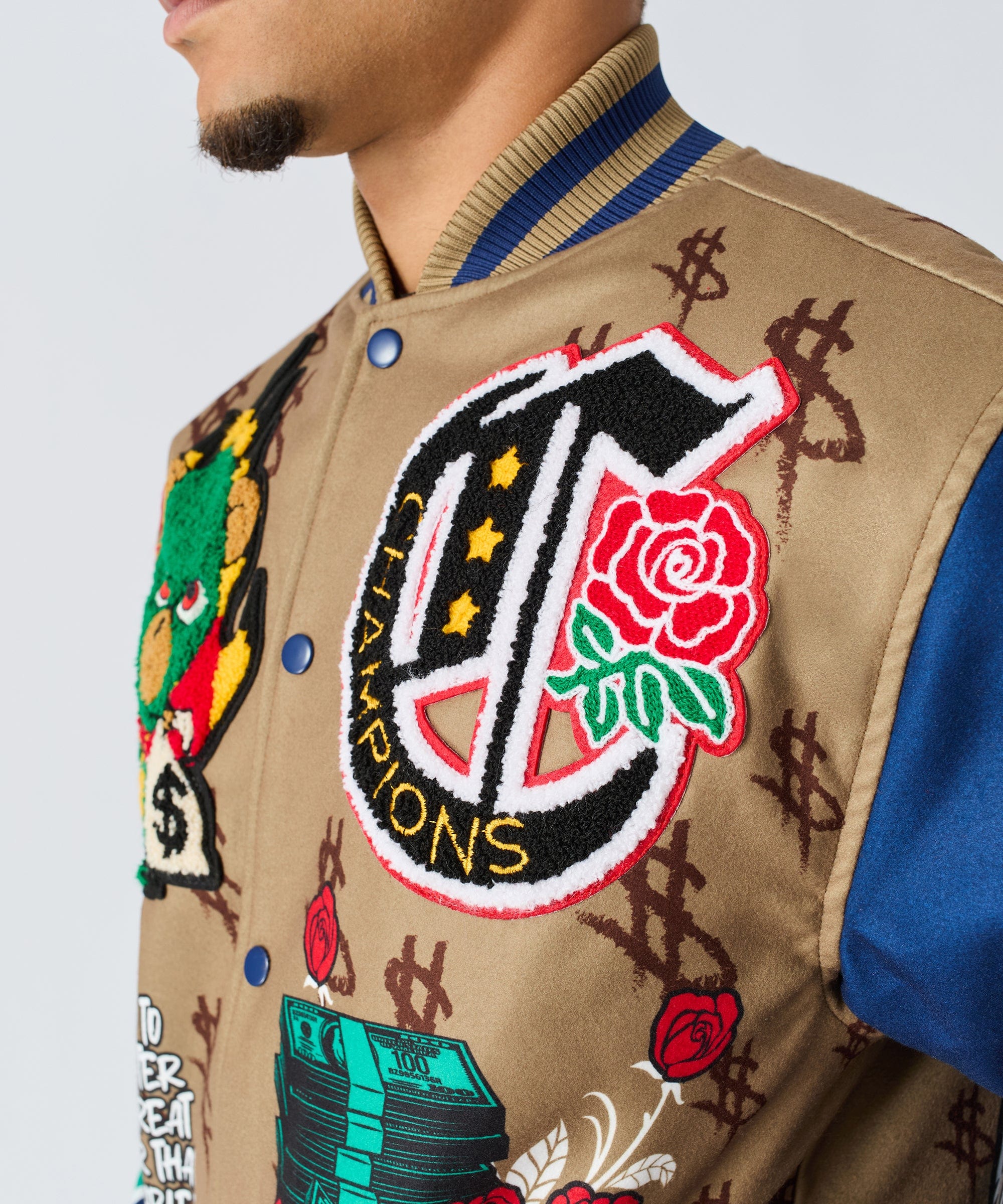 Paper Chaser Chenille Patched Varsity Jacket - Khaki