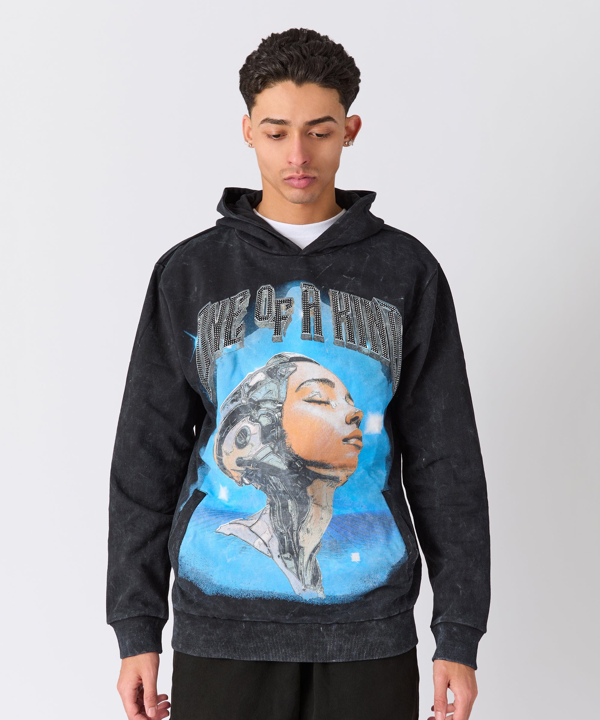 Washed One Of A Kind Rhinestone Hoodie - Charcoal