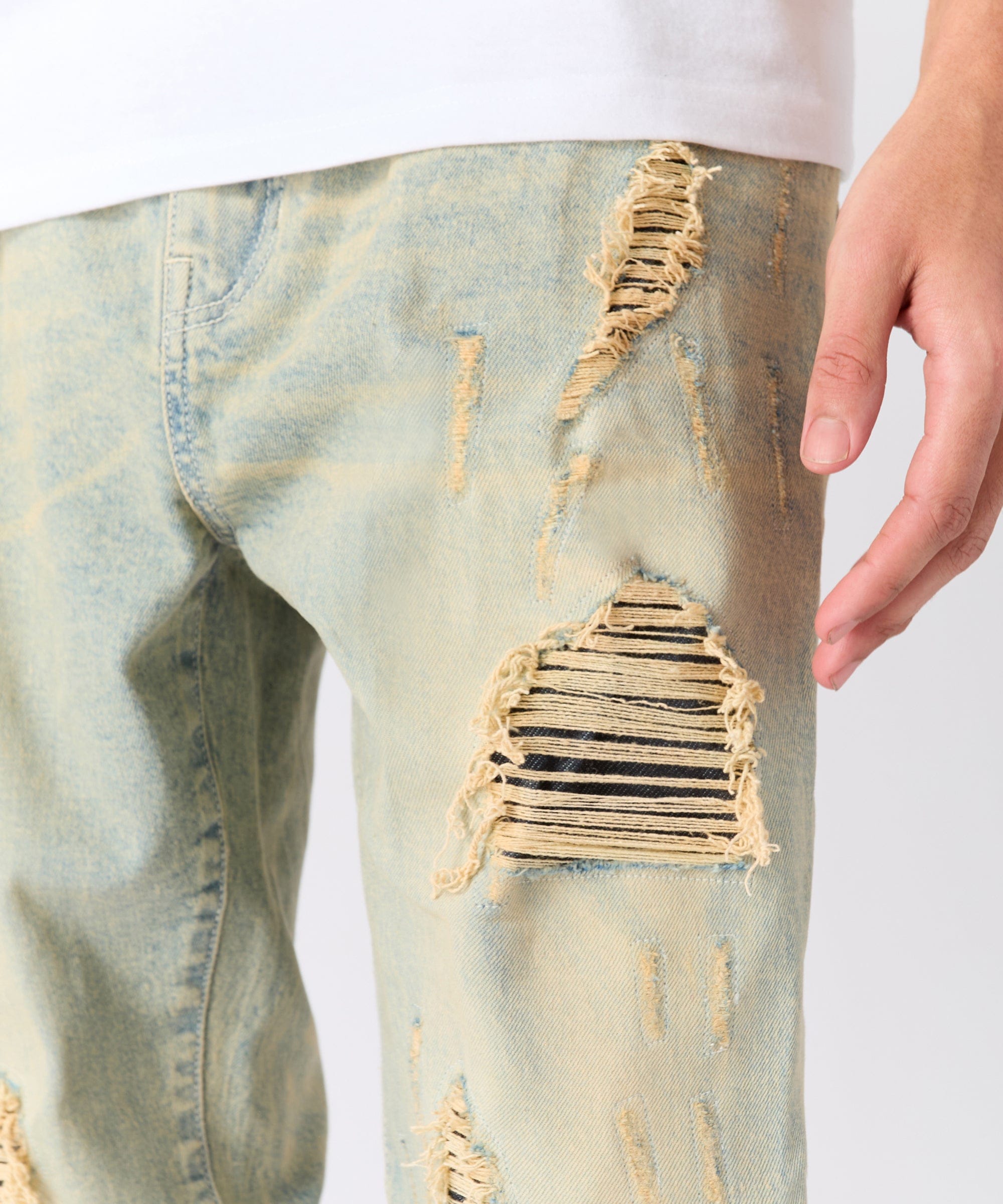 Rip And Repair Washed Denim Jeans - Light Blue