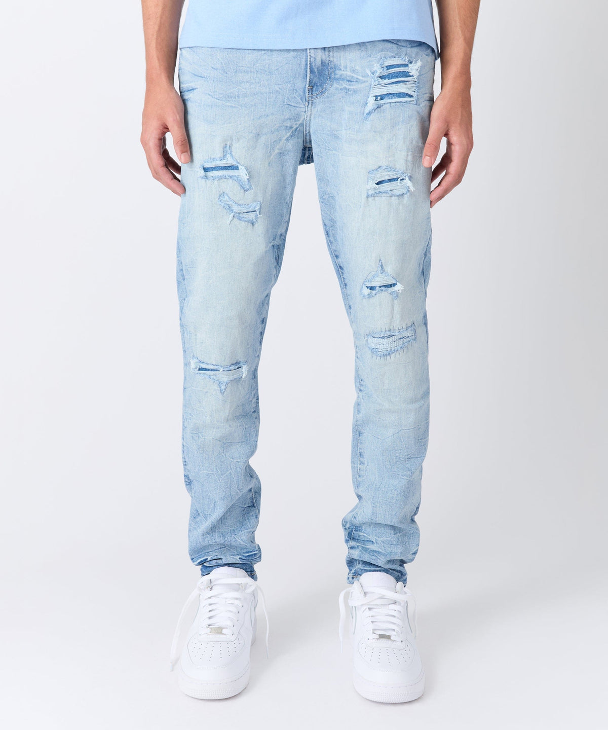 Men's Skinny Rip And Repair Denim Pants - Light Blue