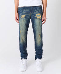 Indigo Washed Tint Rip And Repair Denim Pants - Dark Blue