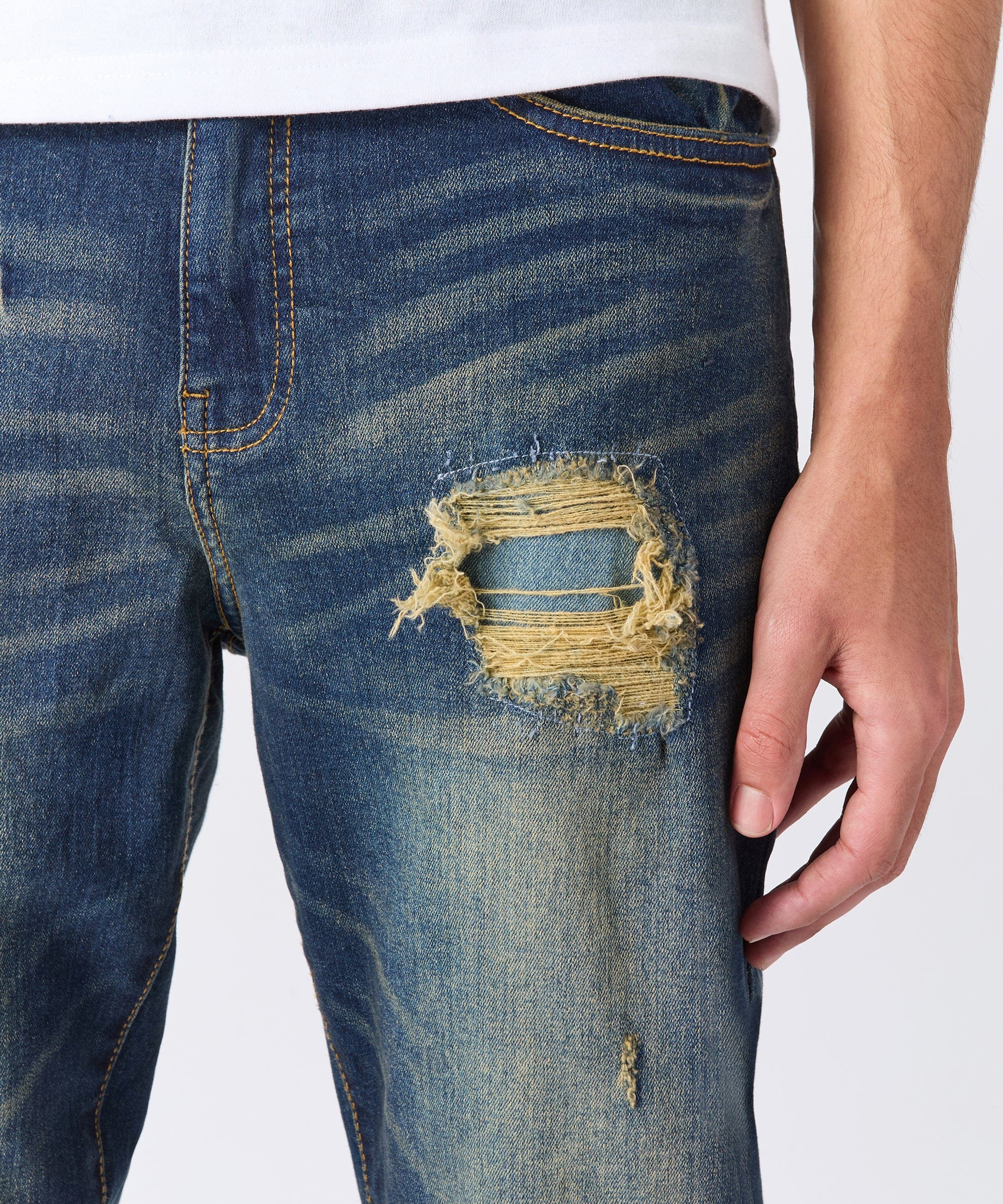 Indigo Washed Tint Rip And Repair Denim Pants - Dark Blue