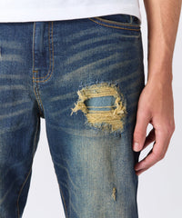 Indigo Washed Tint Rip And Repair Denim Pants - Dark Blue