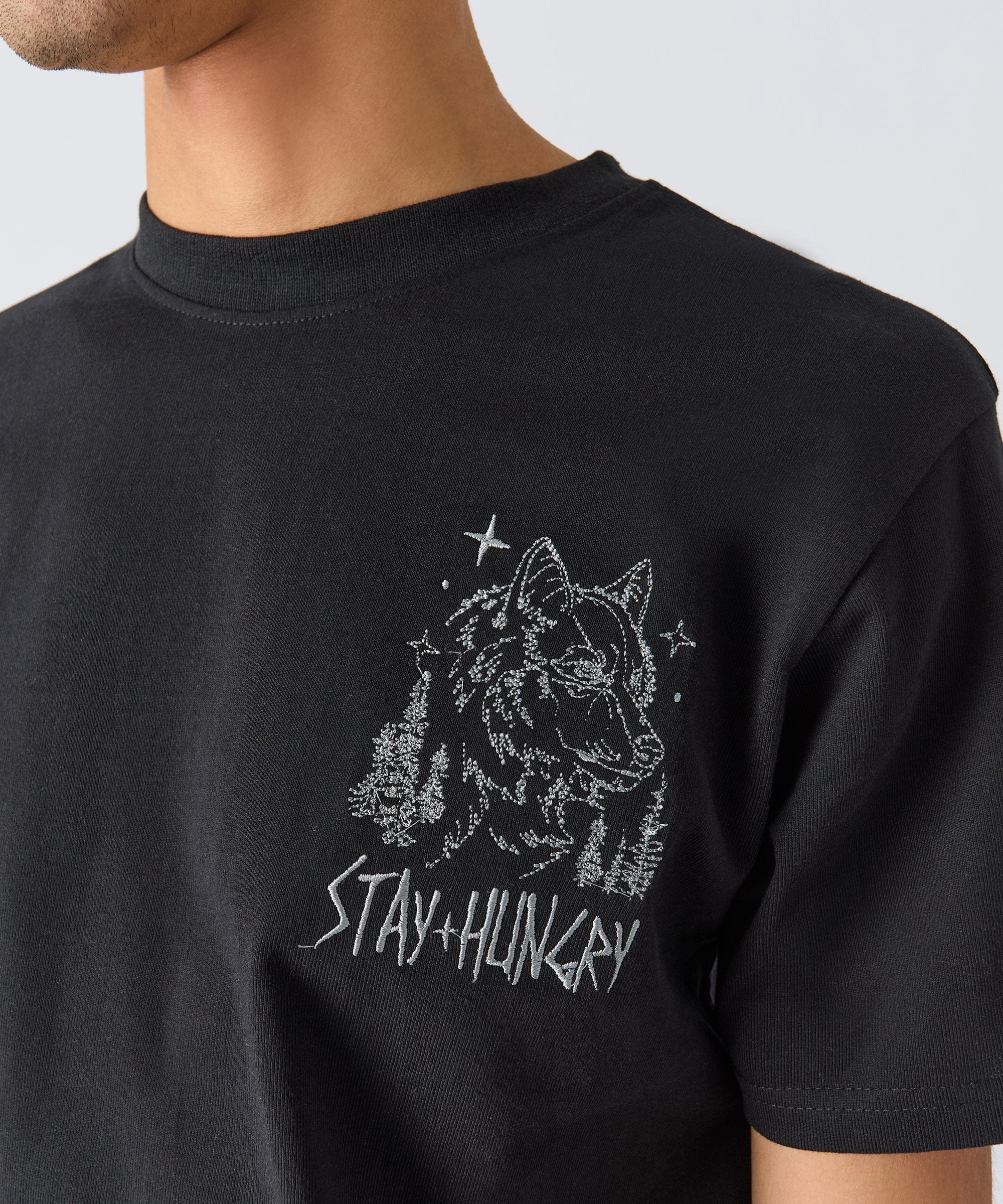 Stay Hungry Embroidered Short Sleeve Tee - Black