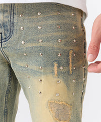 Studded Distress Denim Jeans - Blue