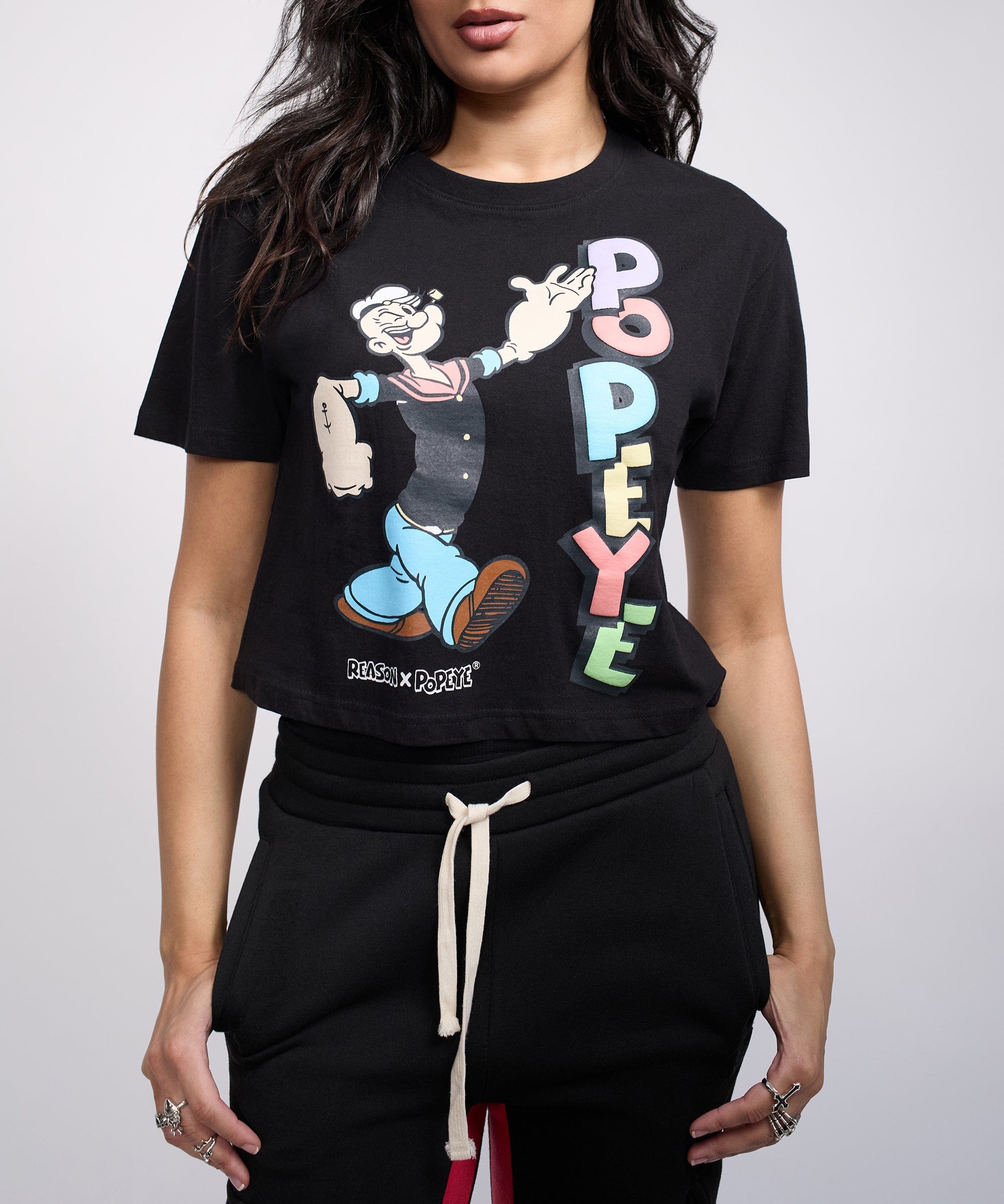 Womens Popeye Short Sleeve Cropped Tee - Black