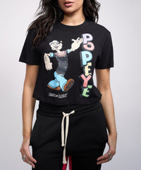 Womens Popeye Short Sleeve Cropped Tee - Black