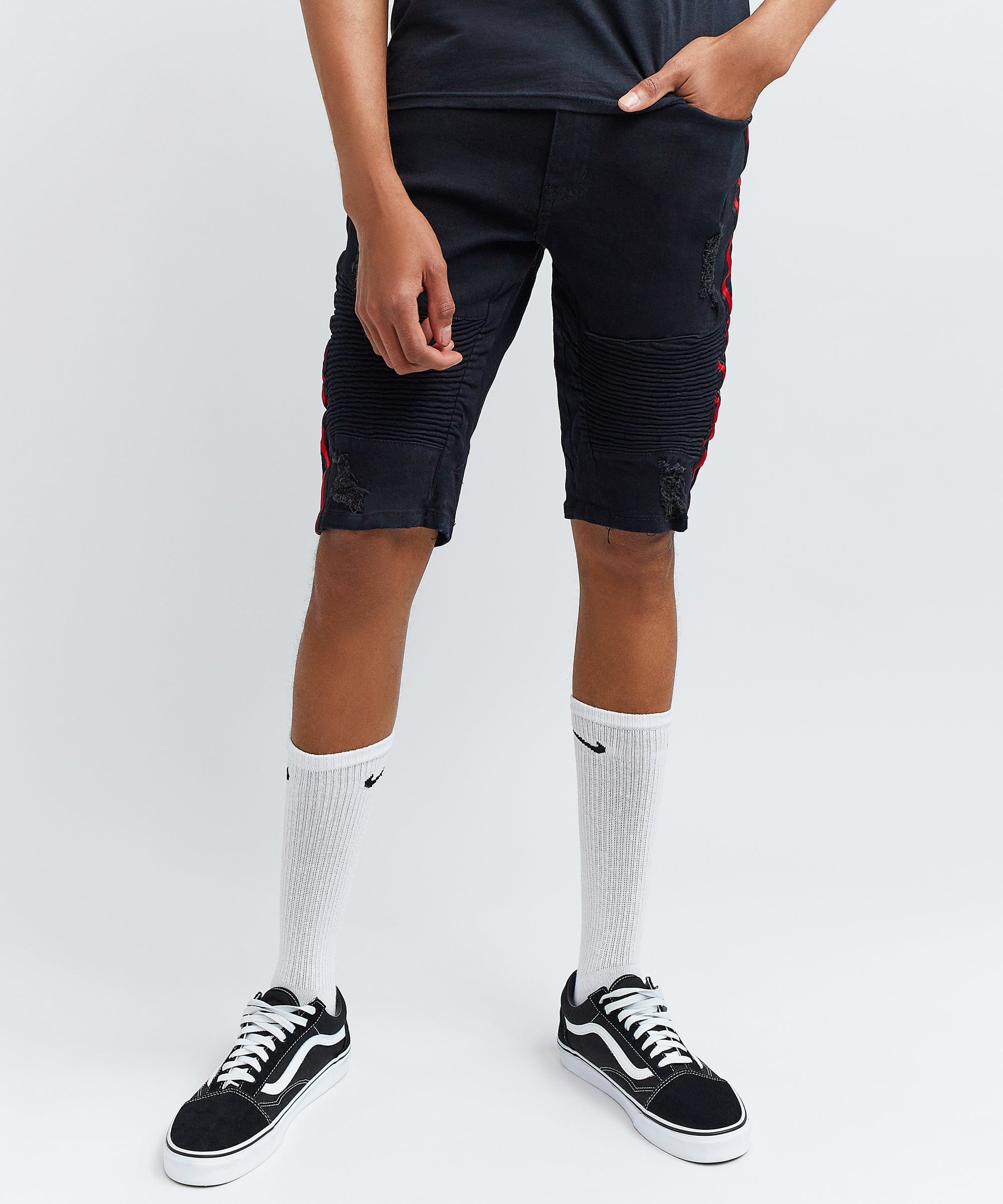 Dunham Side Stripe Black Wash Moto Denim Shorts