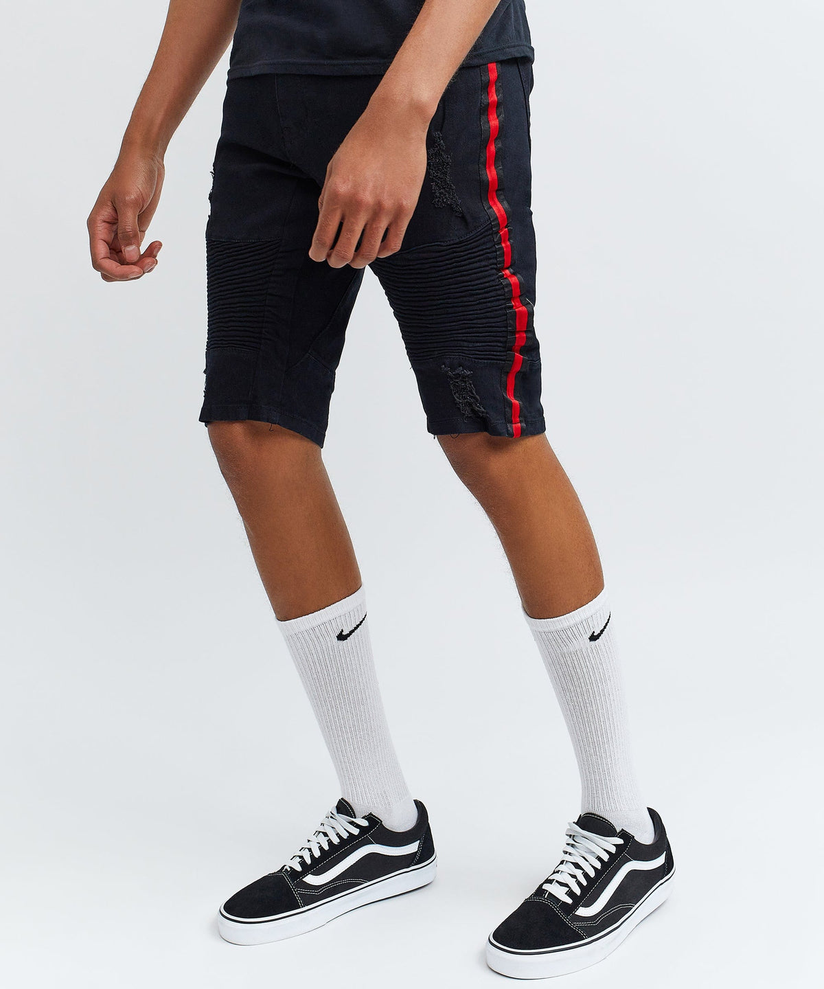 Dunham Side Stripe Black Wash Moto Denim Shorts