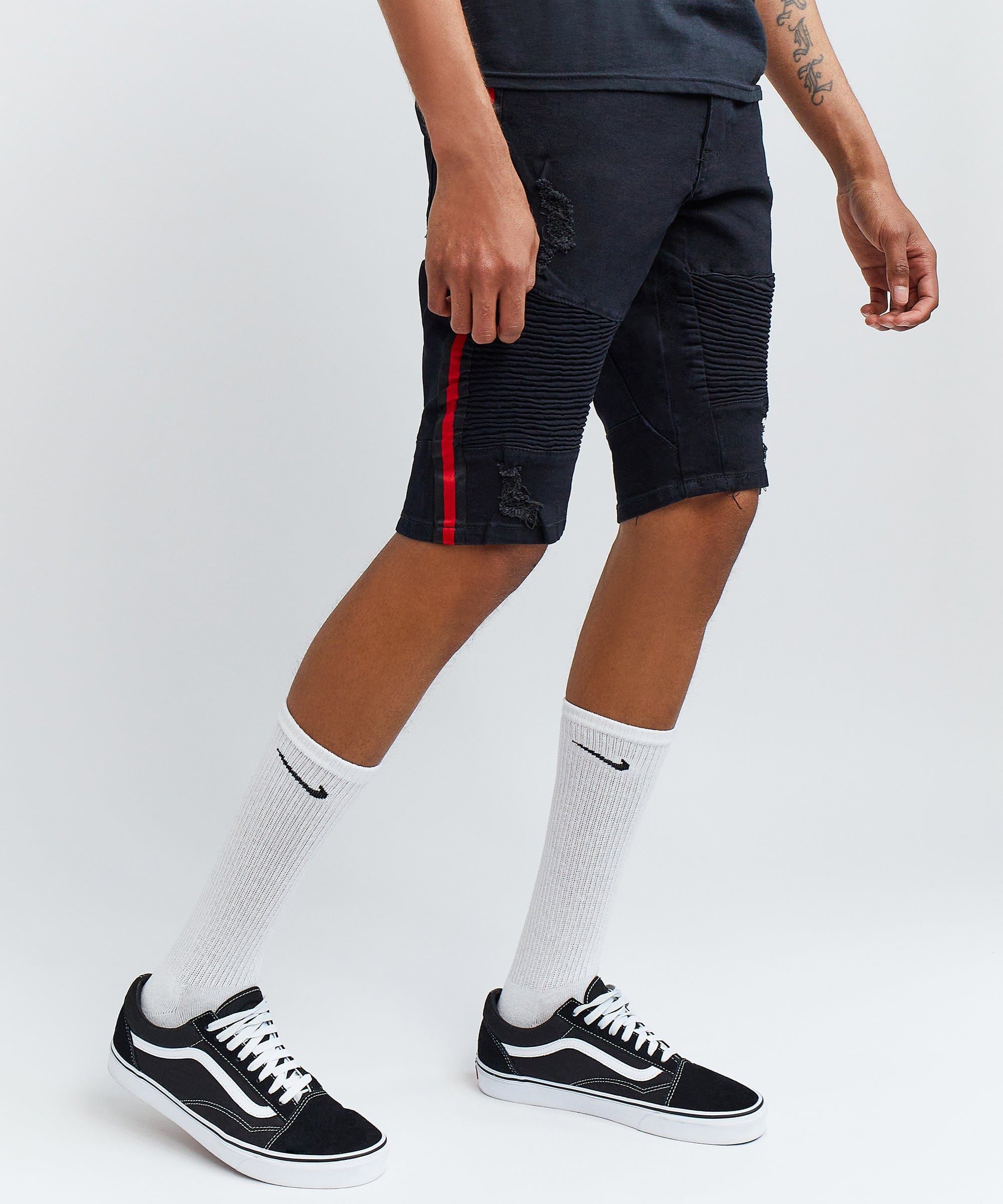 Dunham Side Stripe Black Wash Moto Denim Shorts