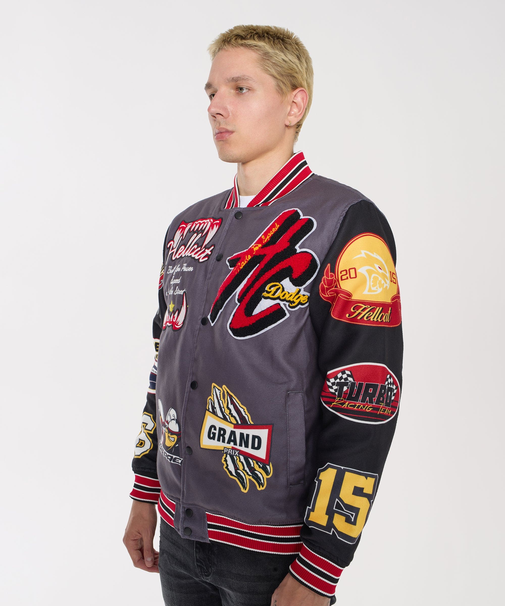 Dodge Hellcat Embroidery Varsity Jacket - Grey