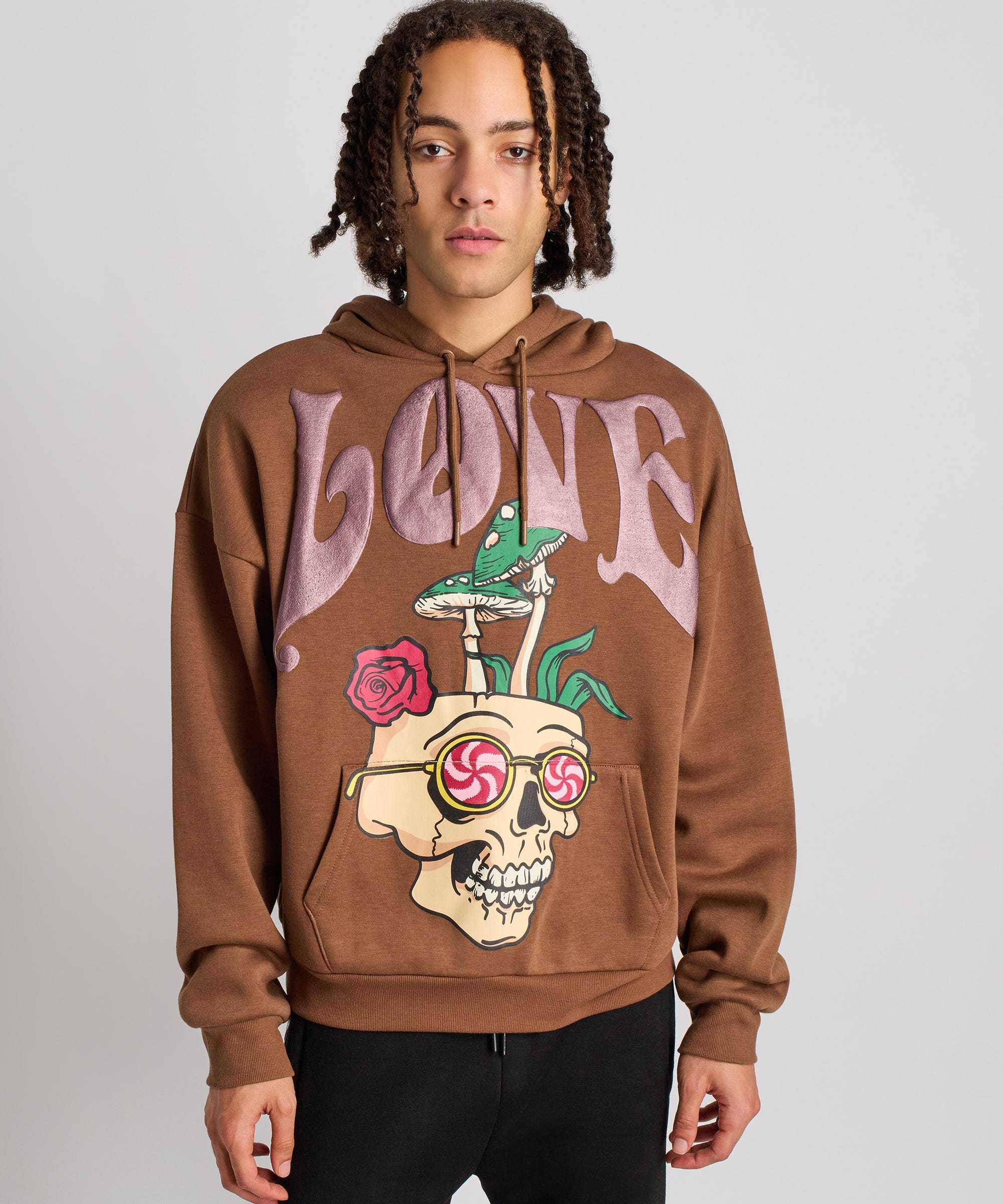 Love Hate Puff Print Hoodie - Khaki