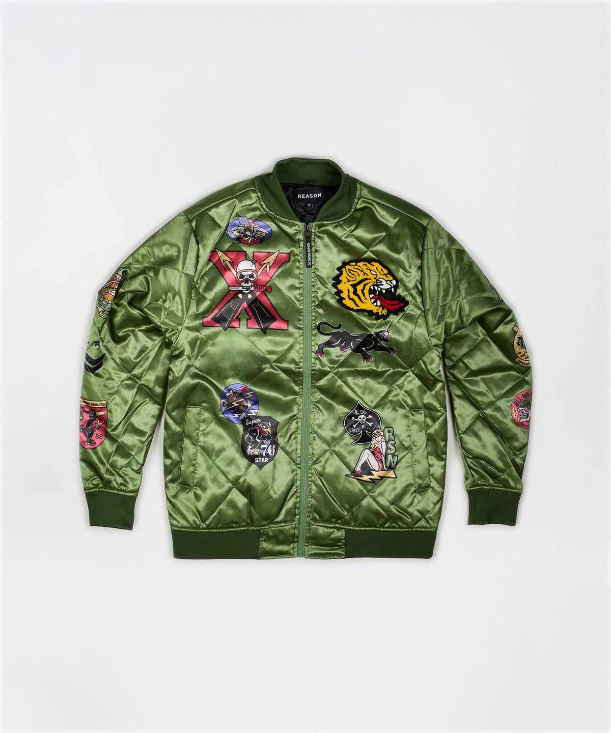Military Satin Bomber Jacket - Olive Green
