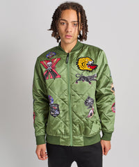 Military Satin Bomber Jacket - Olive Green