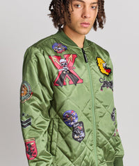 Military Satin Bomber Jacket - Olive Green