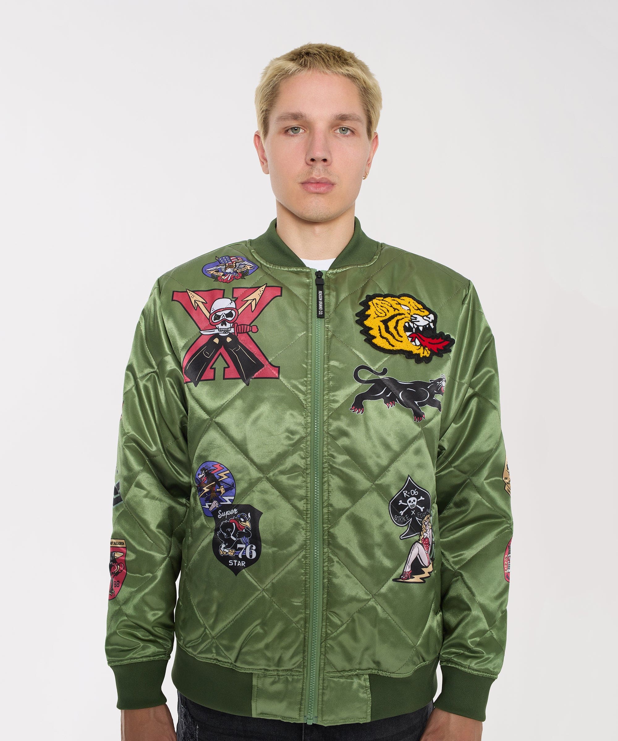 Military Satin Bomber Jacket - Olive Green