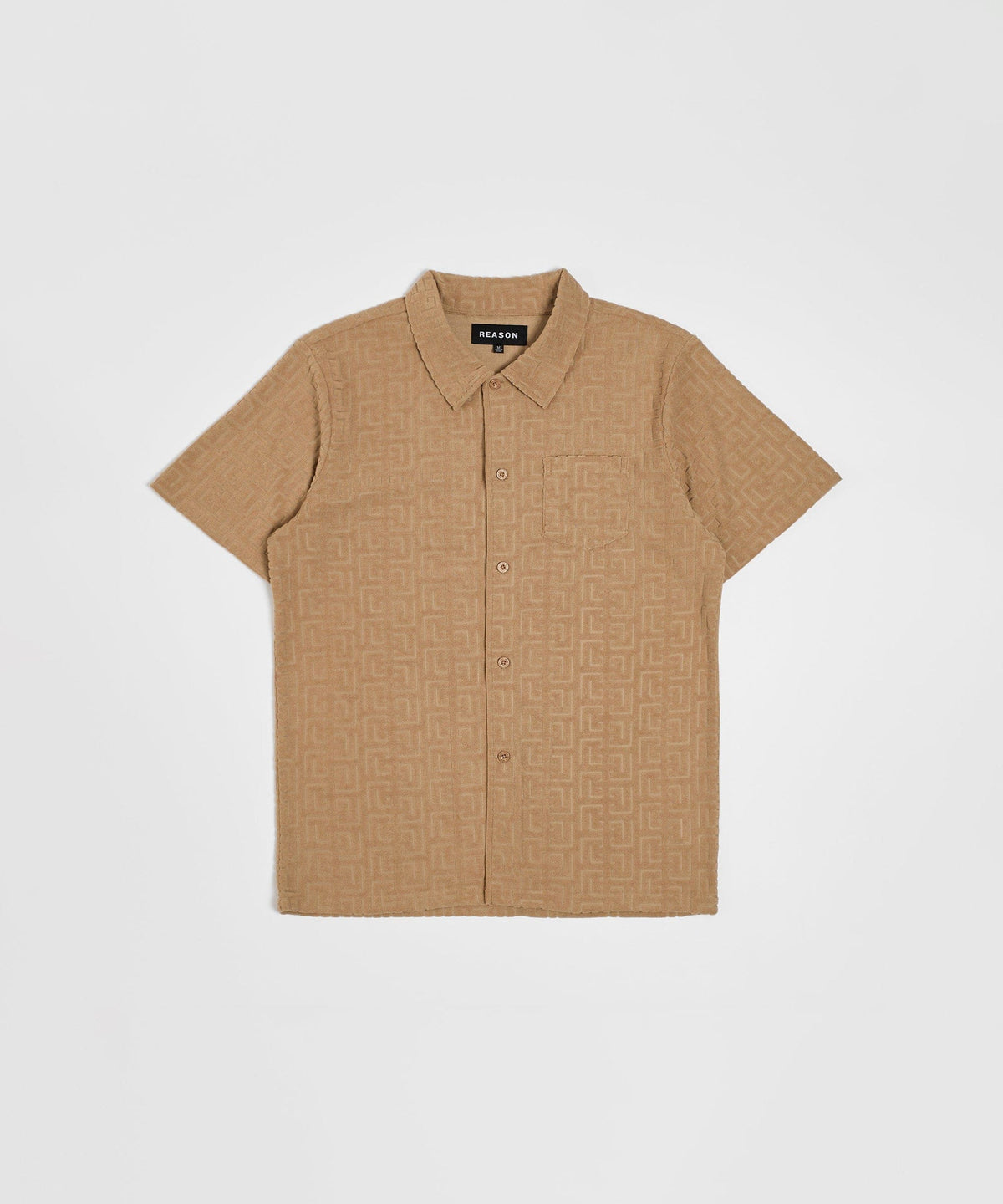 Towel Short Sleeve Embossed Pattern Button Down Shirt - Rust