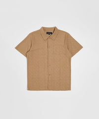 Towel Short Sleeve Embossed Pattern Button Down Shirt - Rust