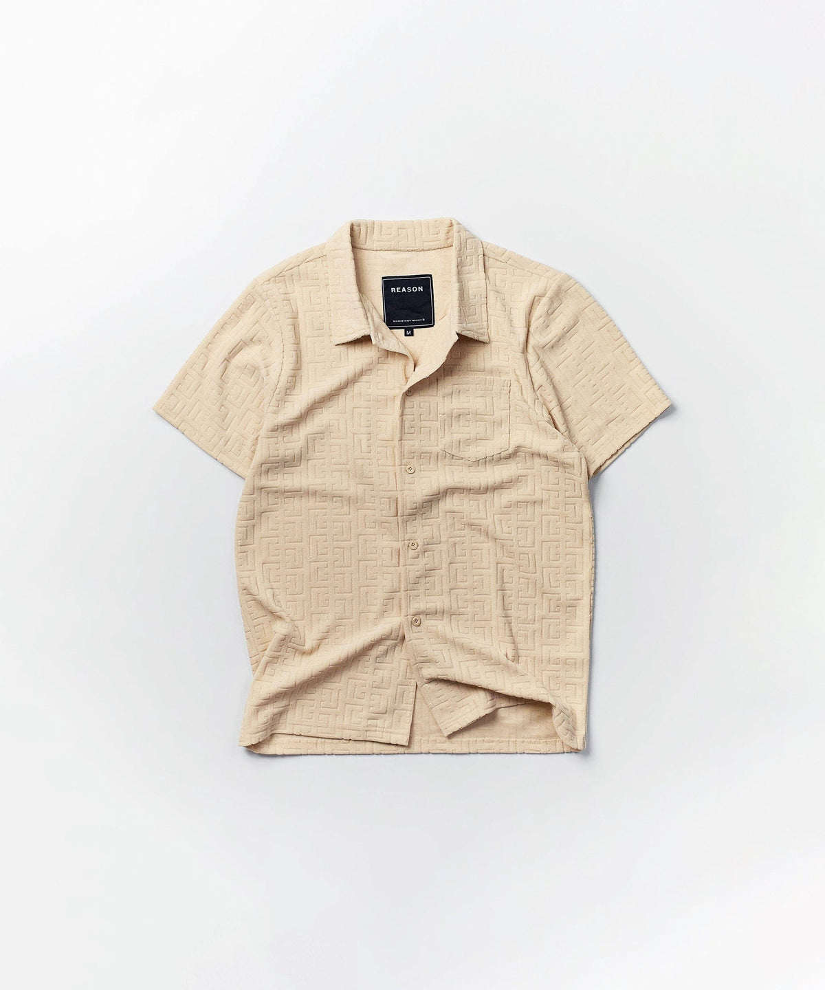 Towel Short Sleeve Embossed Pattern Button Down Shirt - Khaki