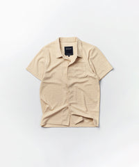 Towel Short Sleeve Embossed Pattern Button Down Shirt - Khaki