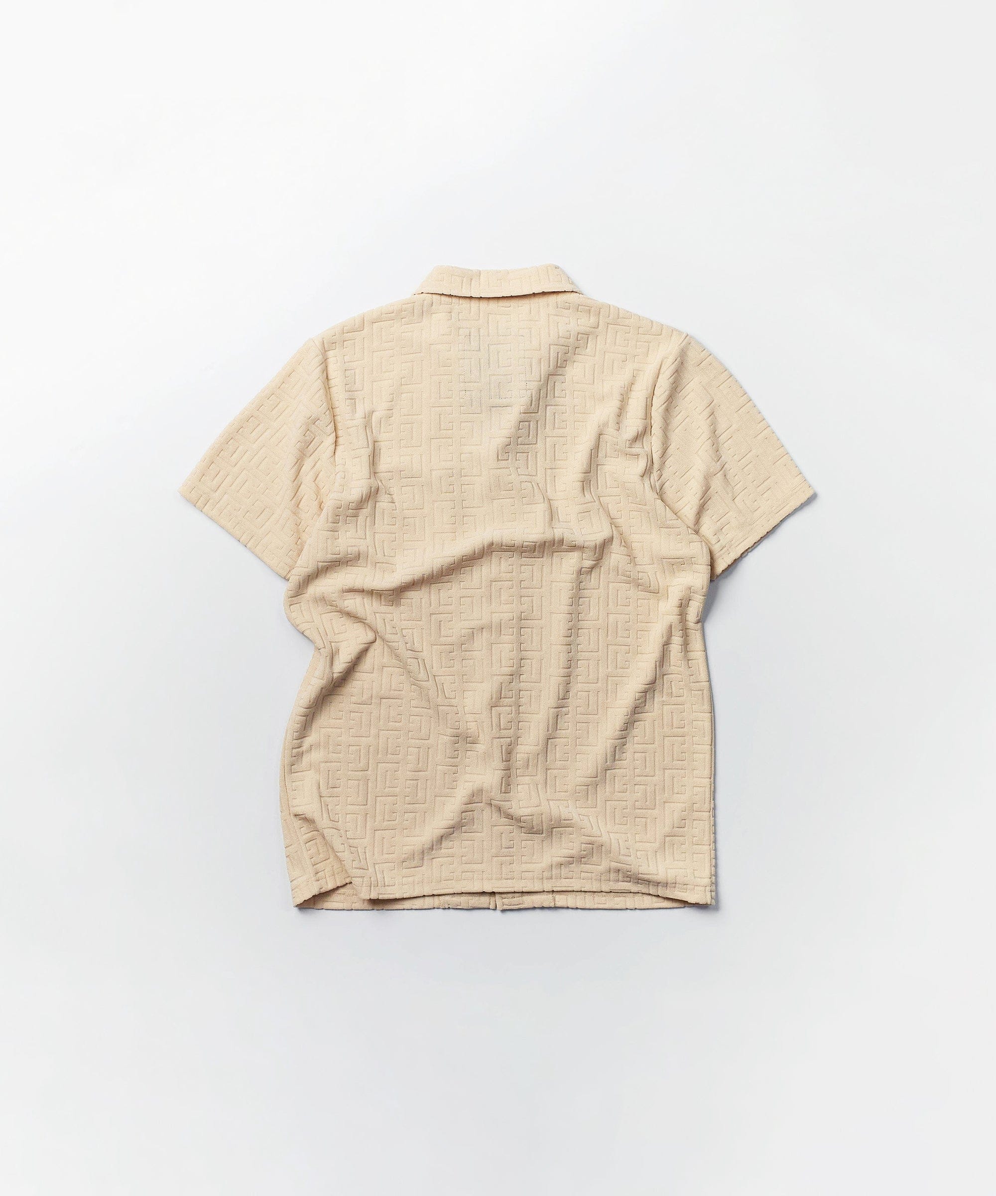 Towel Short Sleeve Embossed Pattern Button Down Shirt - Khaki