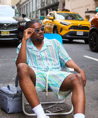 Textured Knit Short Sleeve Button Down Shirt - Light Blue