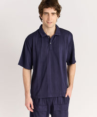 Jacquard Knit Textured Polo Shirt - Navy