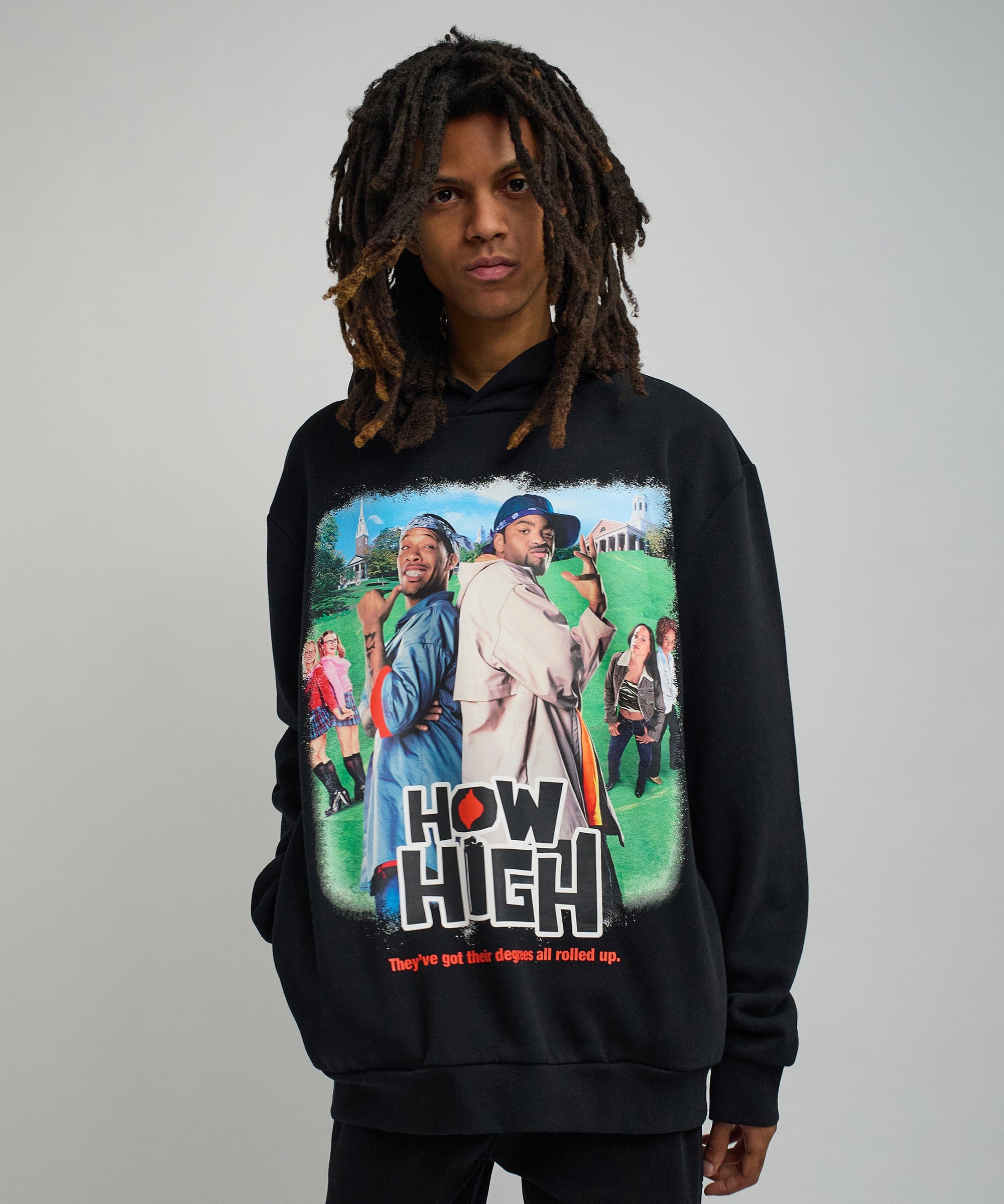 How High Oversized Front Print Hoodie - Black