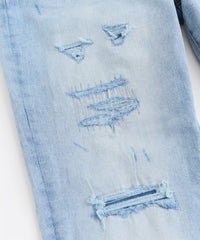 Ripped And Repaired Washed Denim Jeans - Light Blue