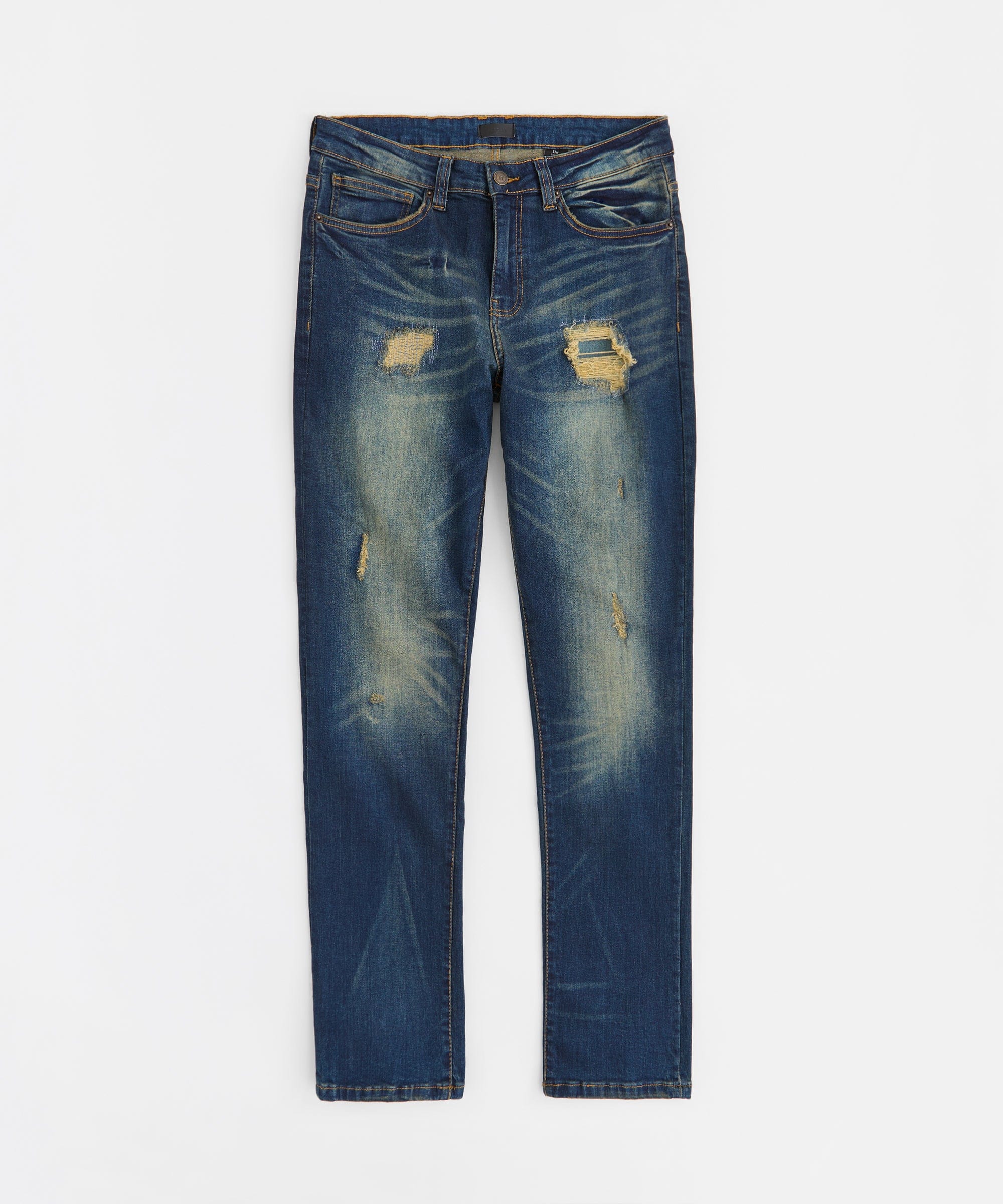 Indigo Washed Tint Rip And Repair Denim Pants - Dark Blue