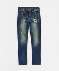 Indigo Washed Tint Rip And Repair Denim Pants - Dark Blue