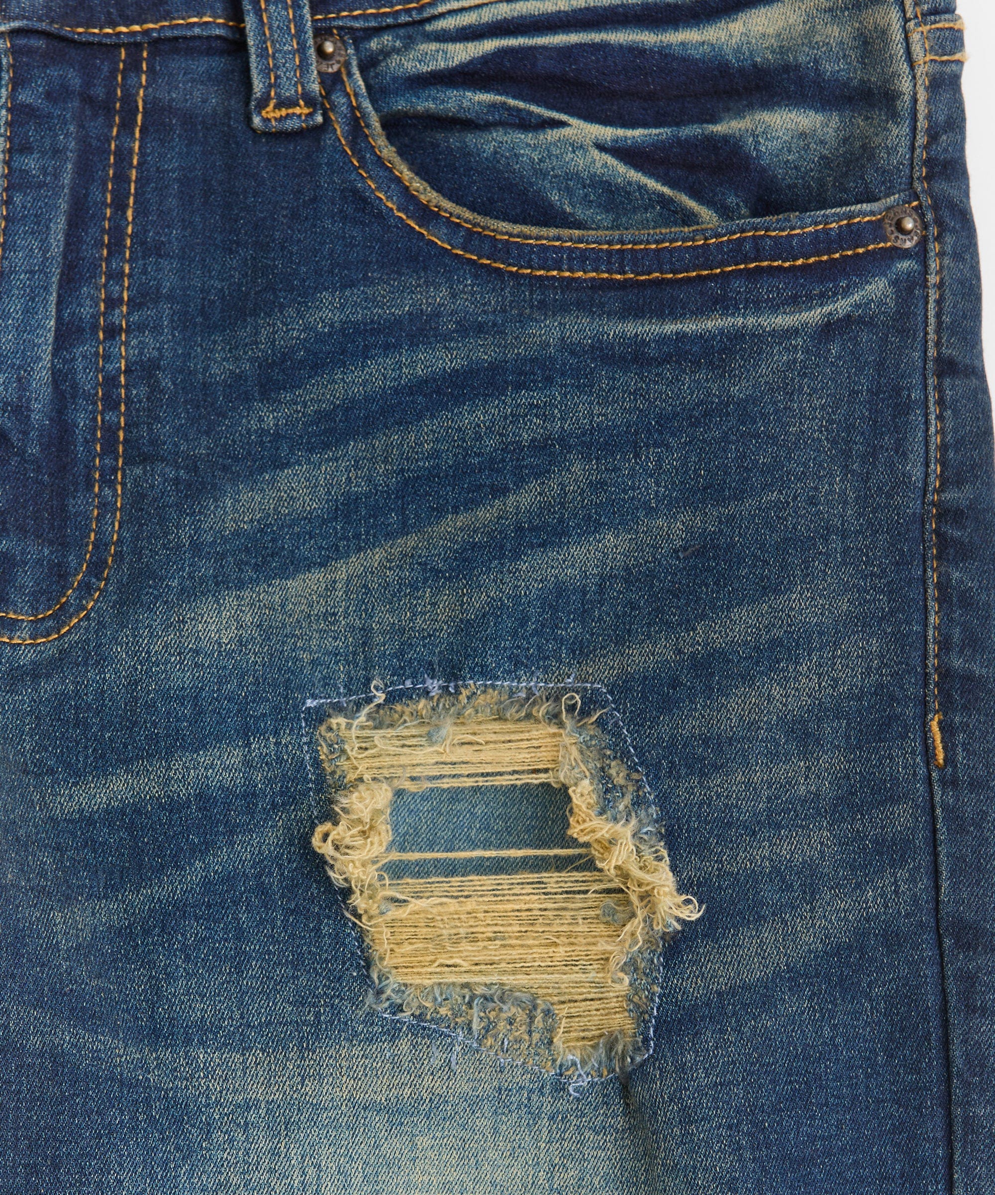 Indigo Washed Tint Rip And Repair Denim Pants - Dark Blue