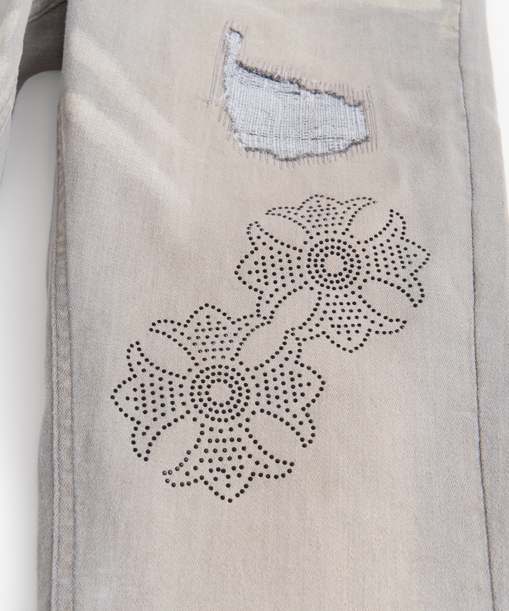 Rhinestone Cross Washed Denim Jeans - Grey