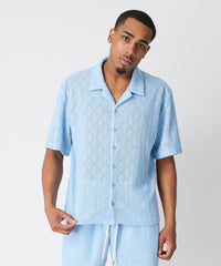 Diamond Plate Towel Color Blocked Short Sleeve Button Down Shirt - Light Blue
