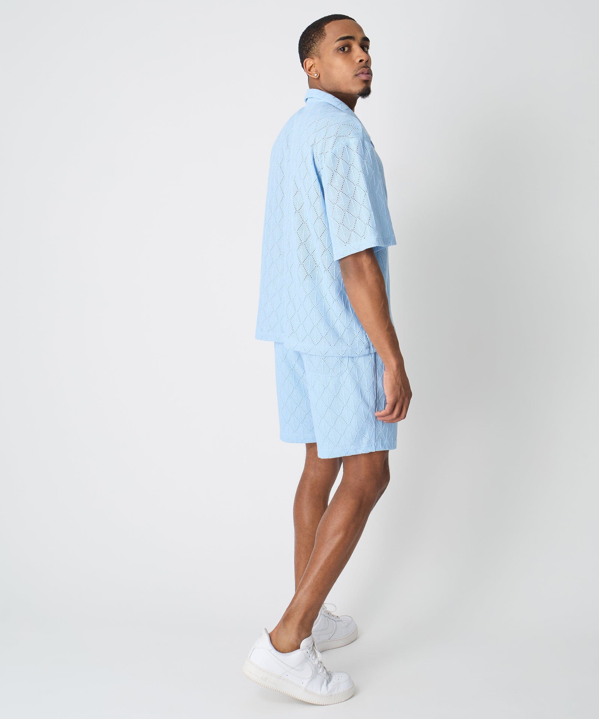 Diamond Plate Towel Color Blocked Short Sleeve Button Down Shirt - Light Blue
