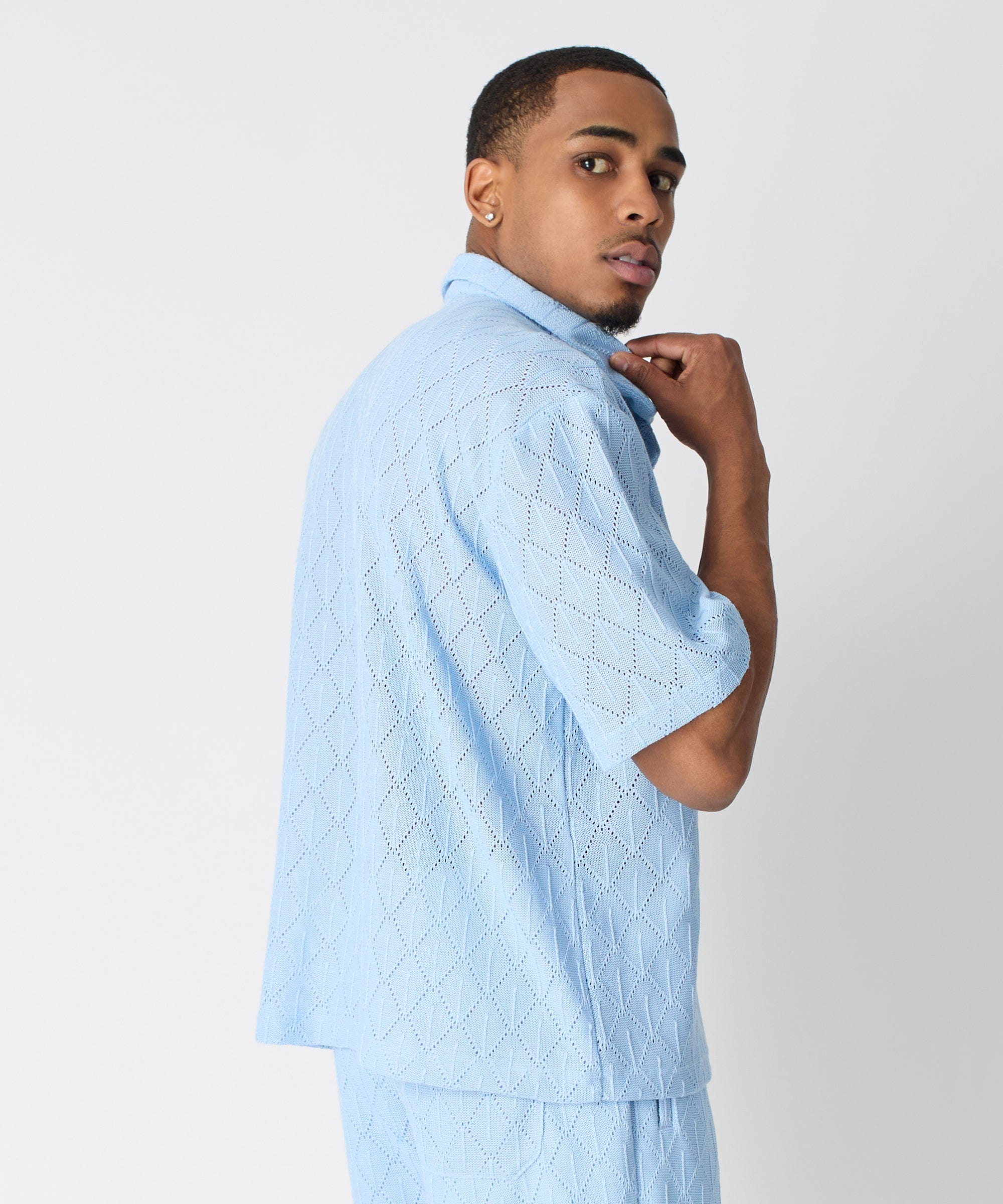 Diamond Plate Towel Color Blocked Short Sleeve Button Down Shirt - Light Blue