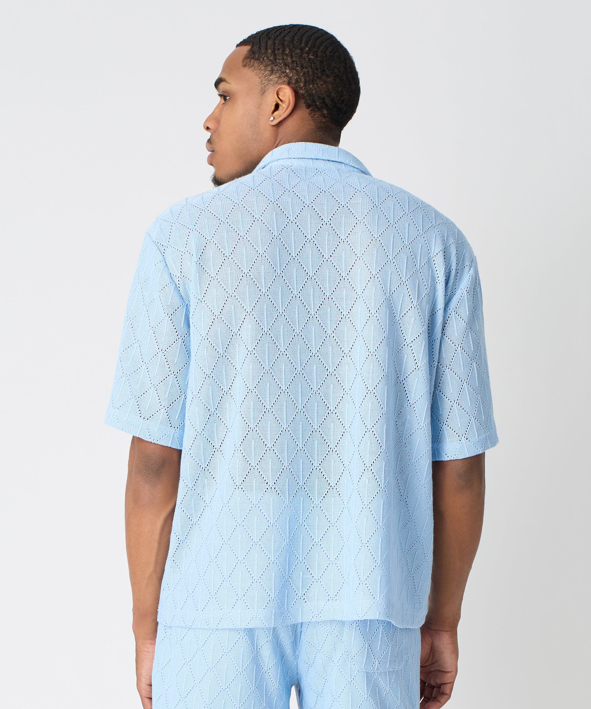 Diamond Plate Towel Color Blocked Short Sleeve Button Down Shirt - Light Blue