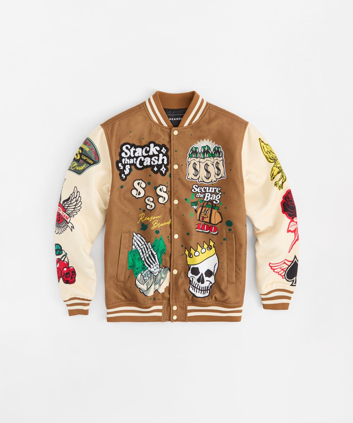 Cash Chenille Patched Varsity Jacket - Brown