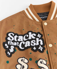 Cash Chenille Patched Varsity Jacket - Brown